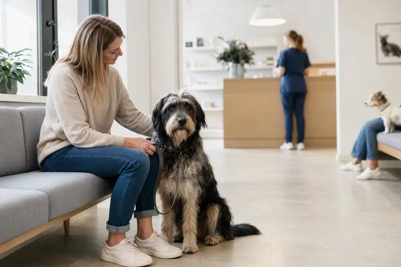 Ein Altdeutscher Hütehund sitzt entspannt neben seinem Besitzer im hellen Wartezimmer einer modernen Tierarztpraxis.